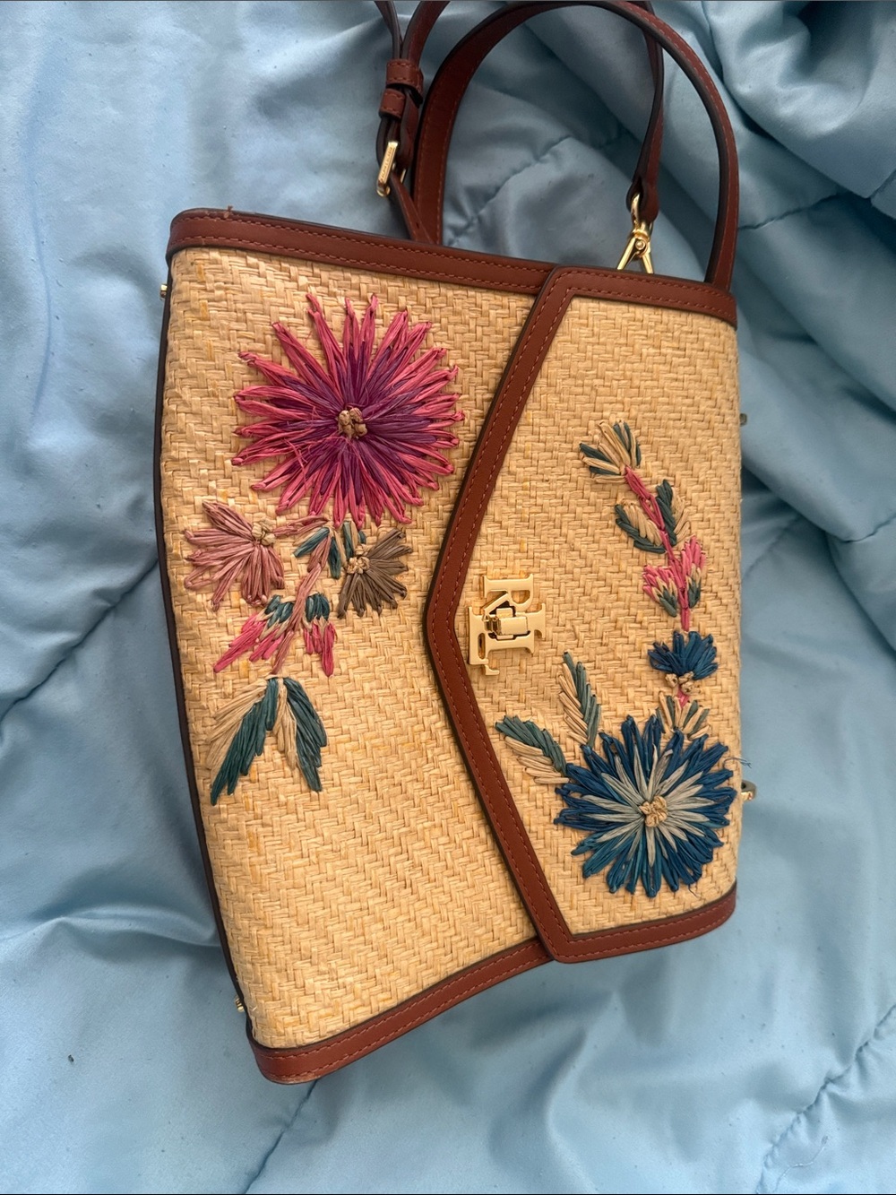 Lauren Ralph Lauren Straw Satchel with Pink and Blue Floral Embroidery